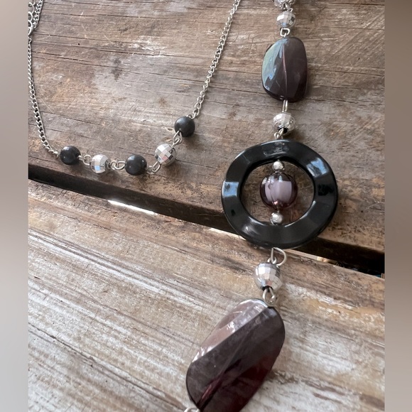 Casual 3 Layered Beaded Necklace Black, Purple & Silver - Picture 4 of 7